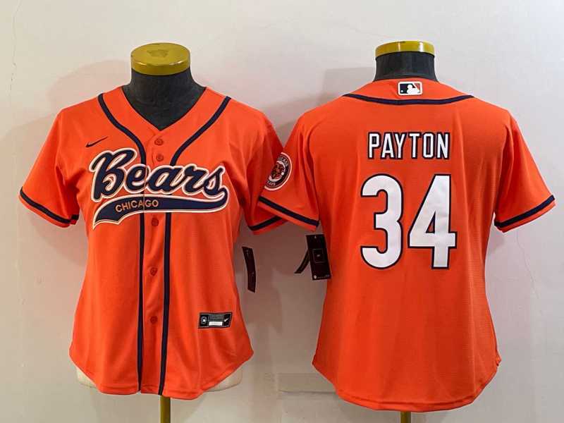 Womens Chicago Bears #34 Walter Payton Orange With Patch Cool Base Stitched Baseball Jersey->women nfl jersey->Women Jersey